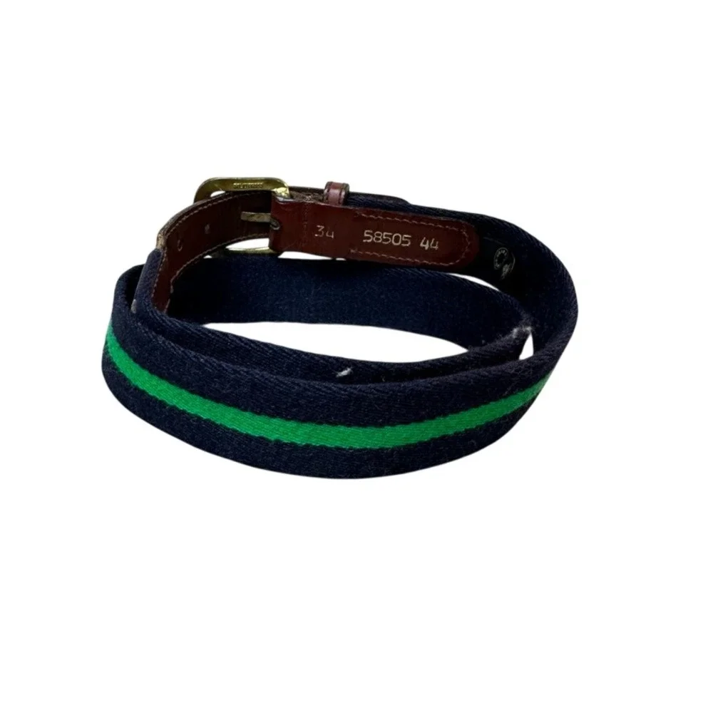 Canterbury Men Navy Green Striped Wool Leather Surcingle Belt Brass Buckle 34